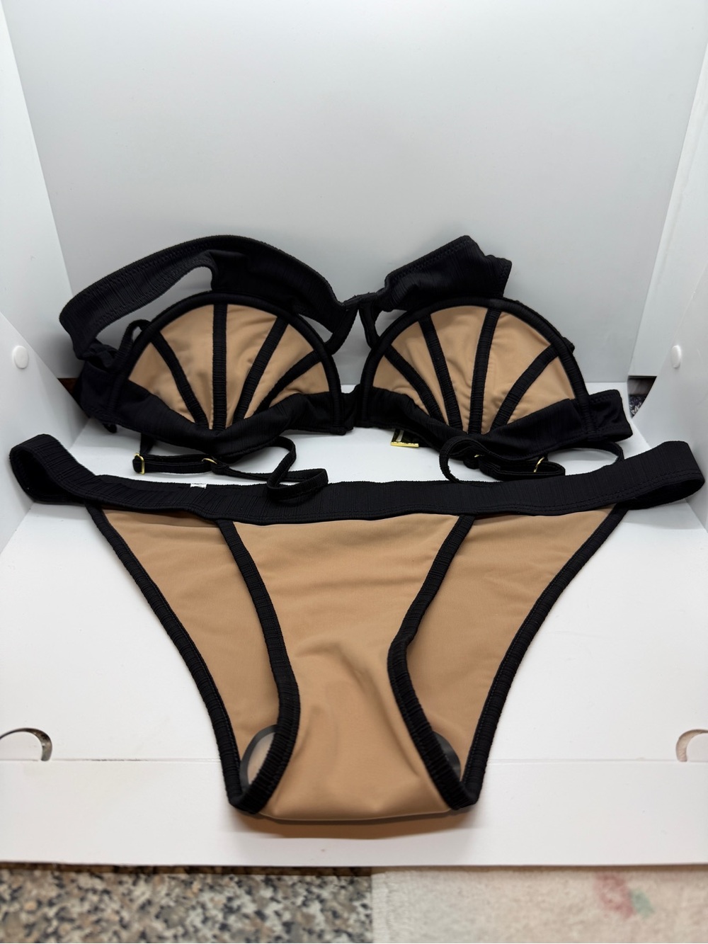 For Love And Lemons Tan Bikini with Black Trim